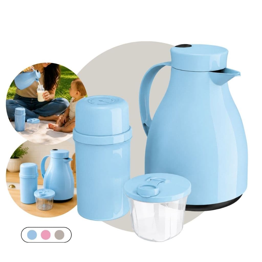 Kit Unibaby 2 Garrafas Térmicas + Pote Leite Dosador 3 Cores Mamãe Bebê
