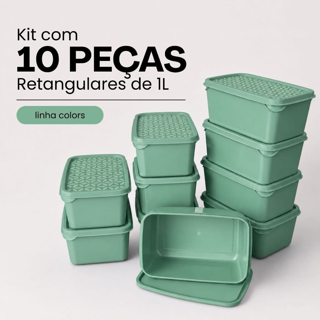 Kit Marmitas Retangulares 1 Litro Para Organizar Geladeira 10 Potes - Linha COLORS