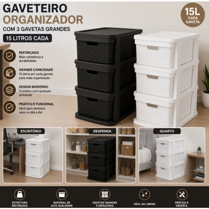 Gaveteiro Armário  de chão Juta 3 Divisórias  15L Reforçado- Arqplast