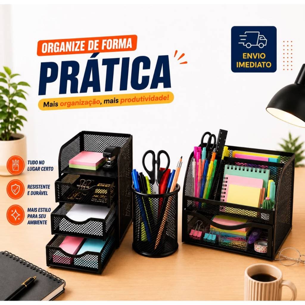 Porta Canetas Aramado Preto Organizador Mesa Escritório Metal 06 Divisórias Gaveta Multiuso Moderno