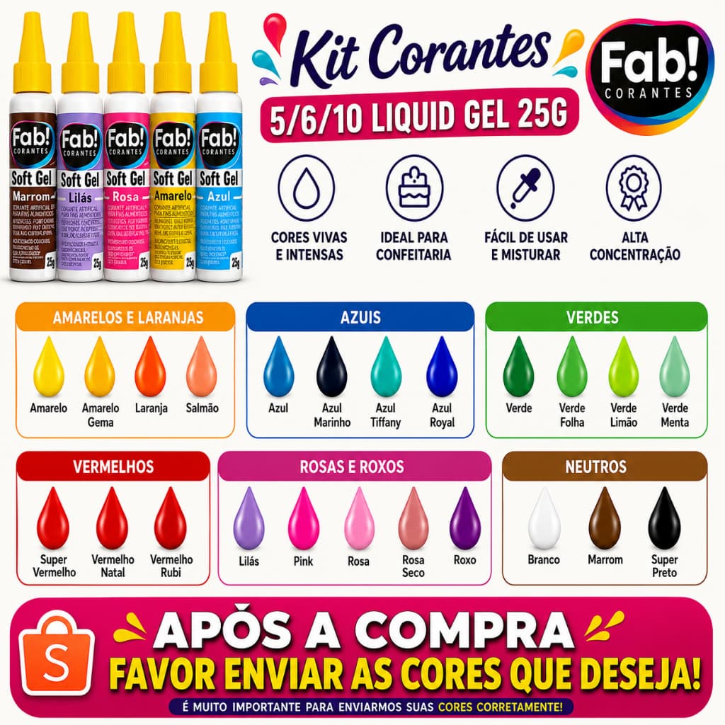 Kit Corante Soft Gel FAB 25g –ENVIAR CORES POR MENSAGEM -  Comestível para Bolo & Confeitaria