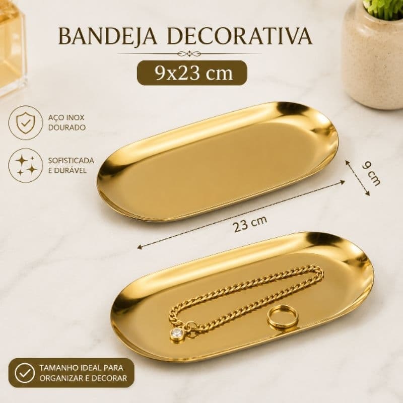 Bandeja Aço Inoxidável Oval Dourada Luxo Decorativa para Acomodar Joias Copos