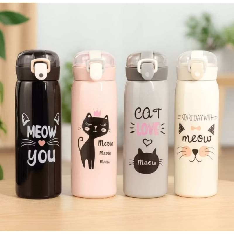 Garrafa Térmica Frio Quente Adulto Gatinho Cat Love Canudo de Silicone Inox 500ml