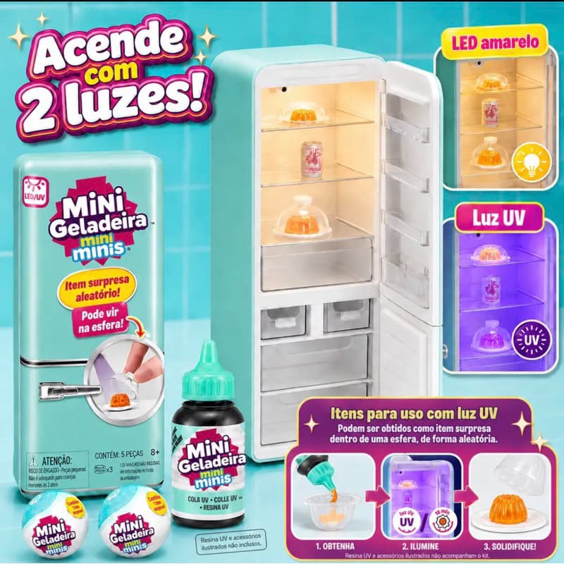 Mini Geladeira Mini Minis Com Luz LED e UV - Brinquedo Colecionável Surpresa e Criativo
