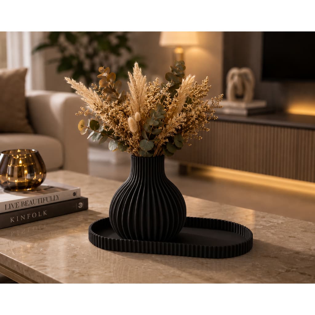 Vaso Decorativo Canelado + Bandeja Organizadora Decoração