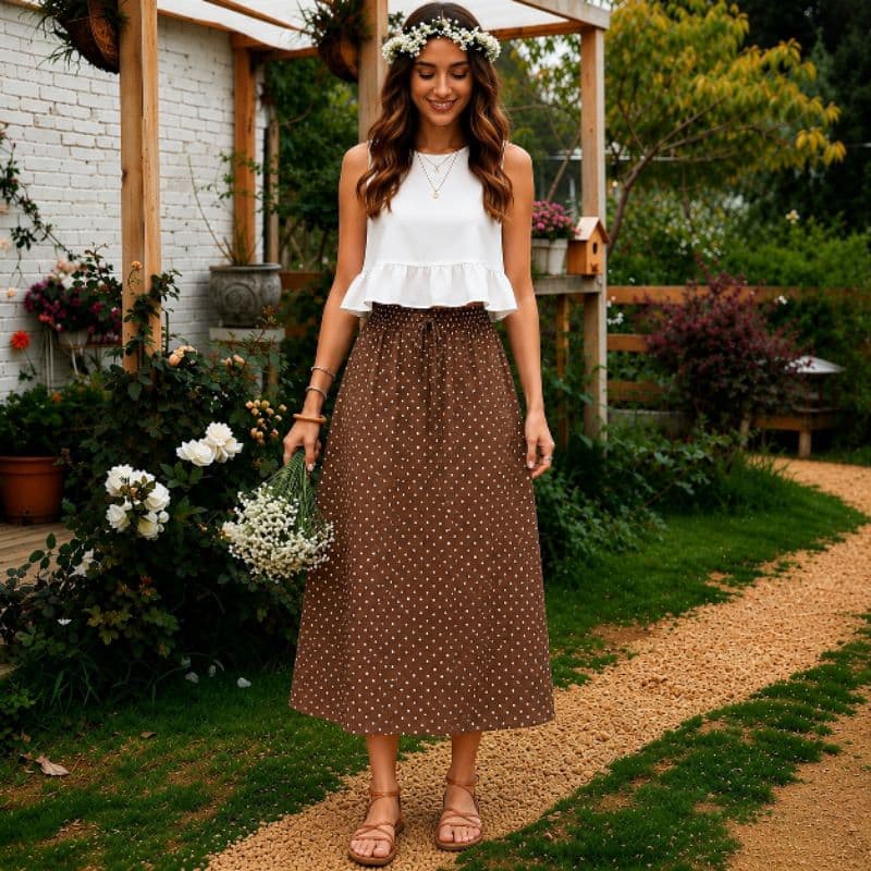 Saia Midi Feminina Bolinha Poá Evangélica Elegante Cintura Alta
