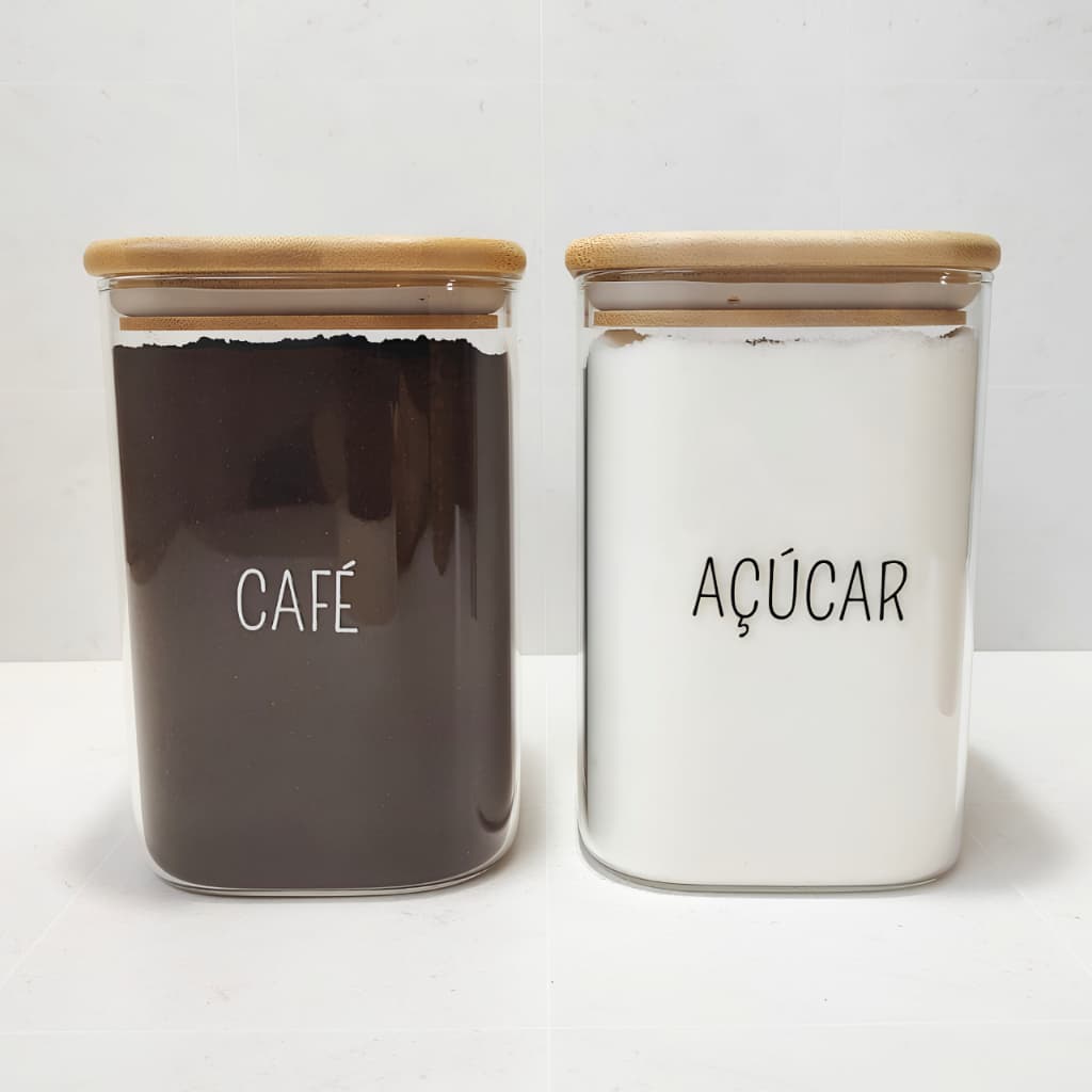 Kit 2 Potes Hermético Vidro Quadrado Personalizado Resistente 1,1 Litros Tampa de Bambu Café Açúcar