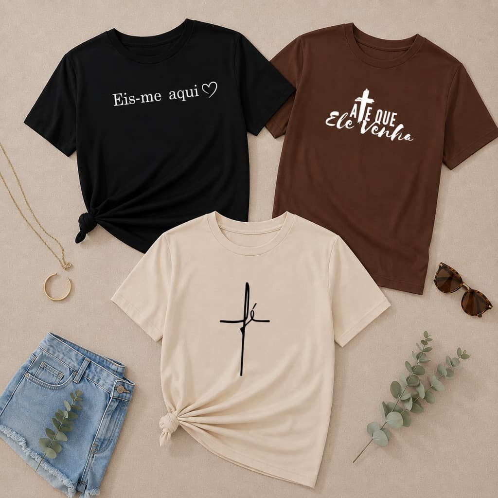 Kit 3 Camisetas Femininas Cristãs Estampadas DTF 100% Algodão Premium