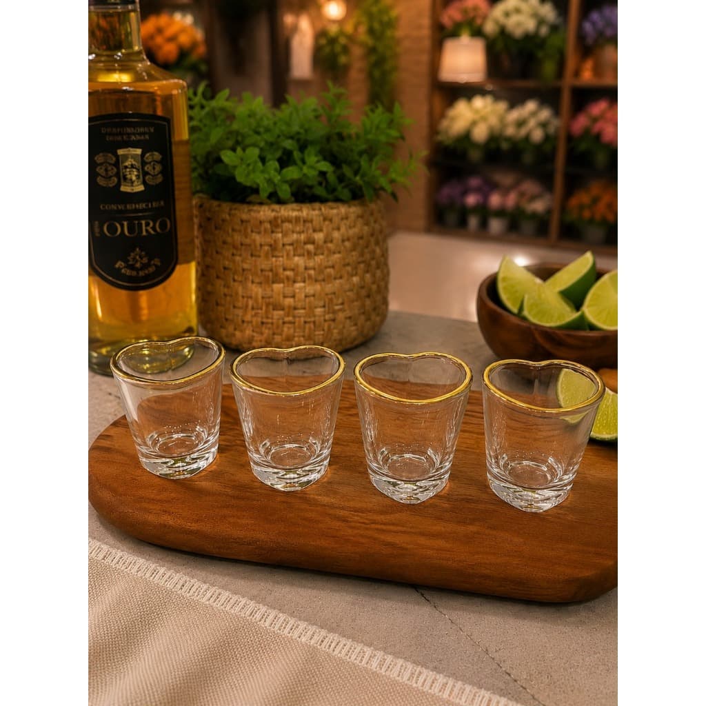 Kit Copo Shot Coração 50ml com Borda Dourada