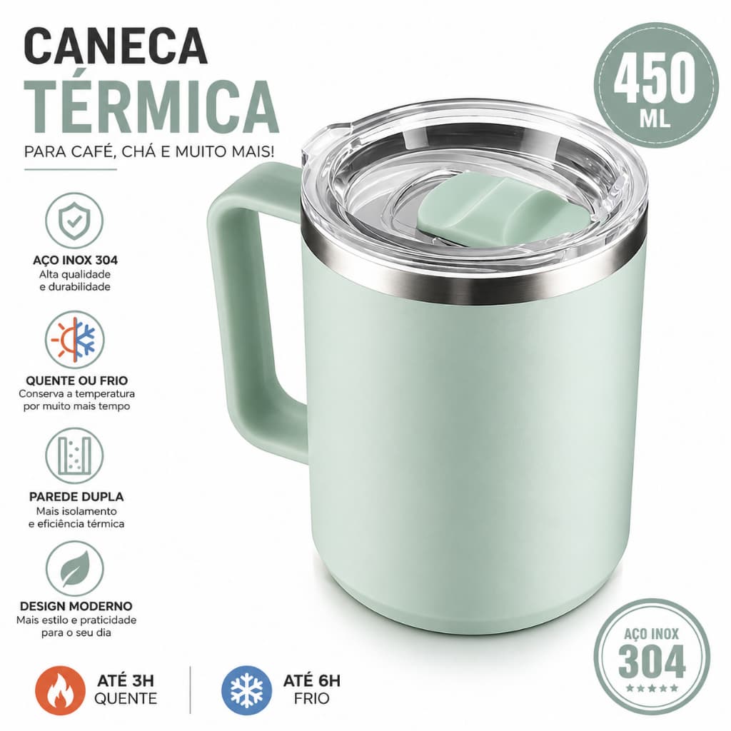 Caneca Térmica Café 450ml com Tampa Aço Inox Parede Dupla Verde