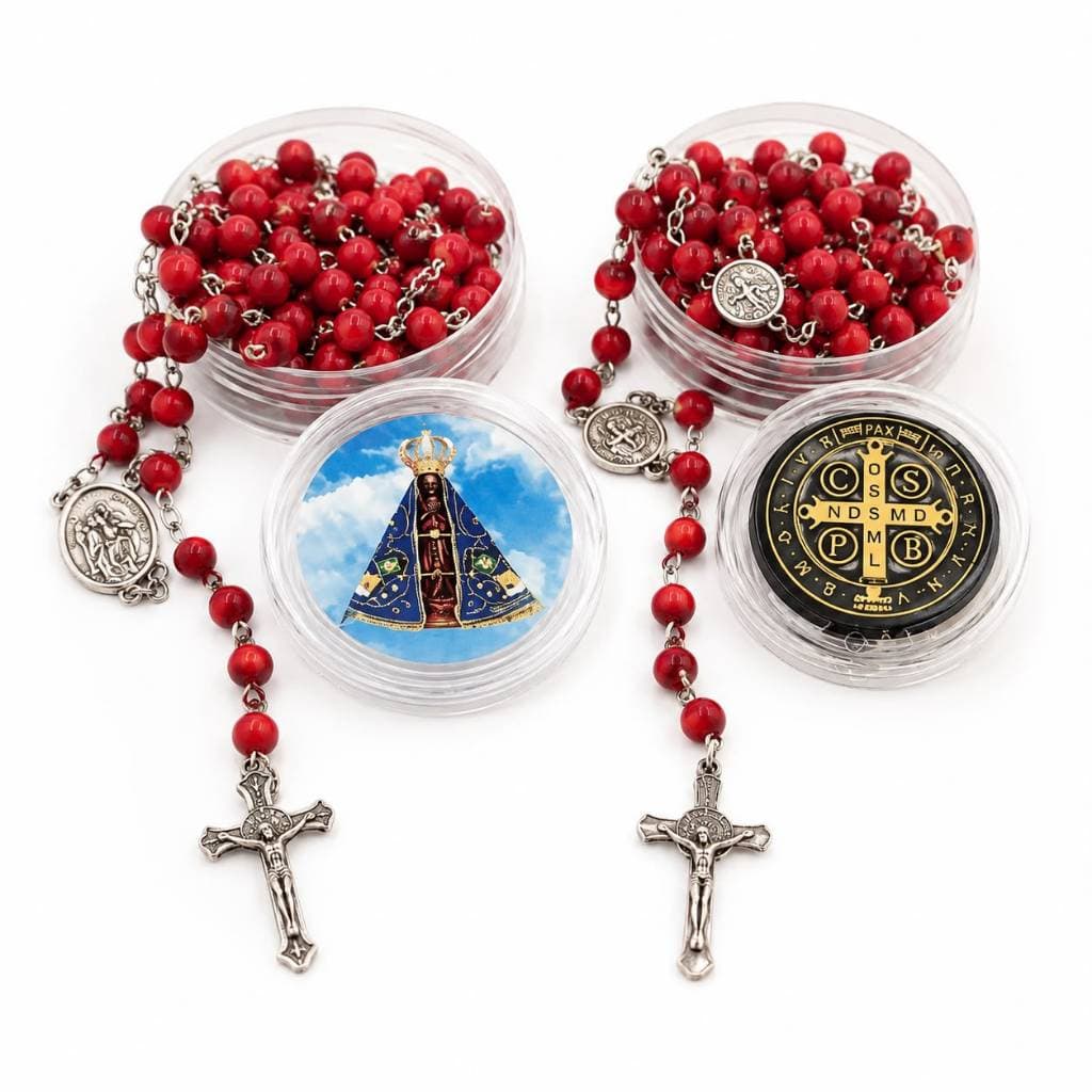 Kit 12 Terços Perfumados da Nossa Senhora Aparecida ou São Bento com Caixinha De Acrílico