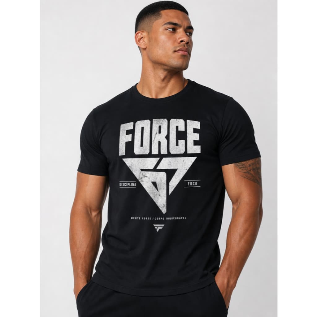 Camiseta Academia 100% Algodão Preta Estampada Disciplina Foco e Força Unissex Modelo 5