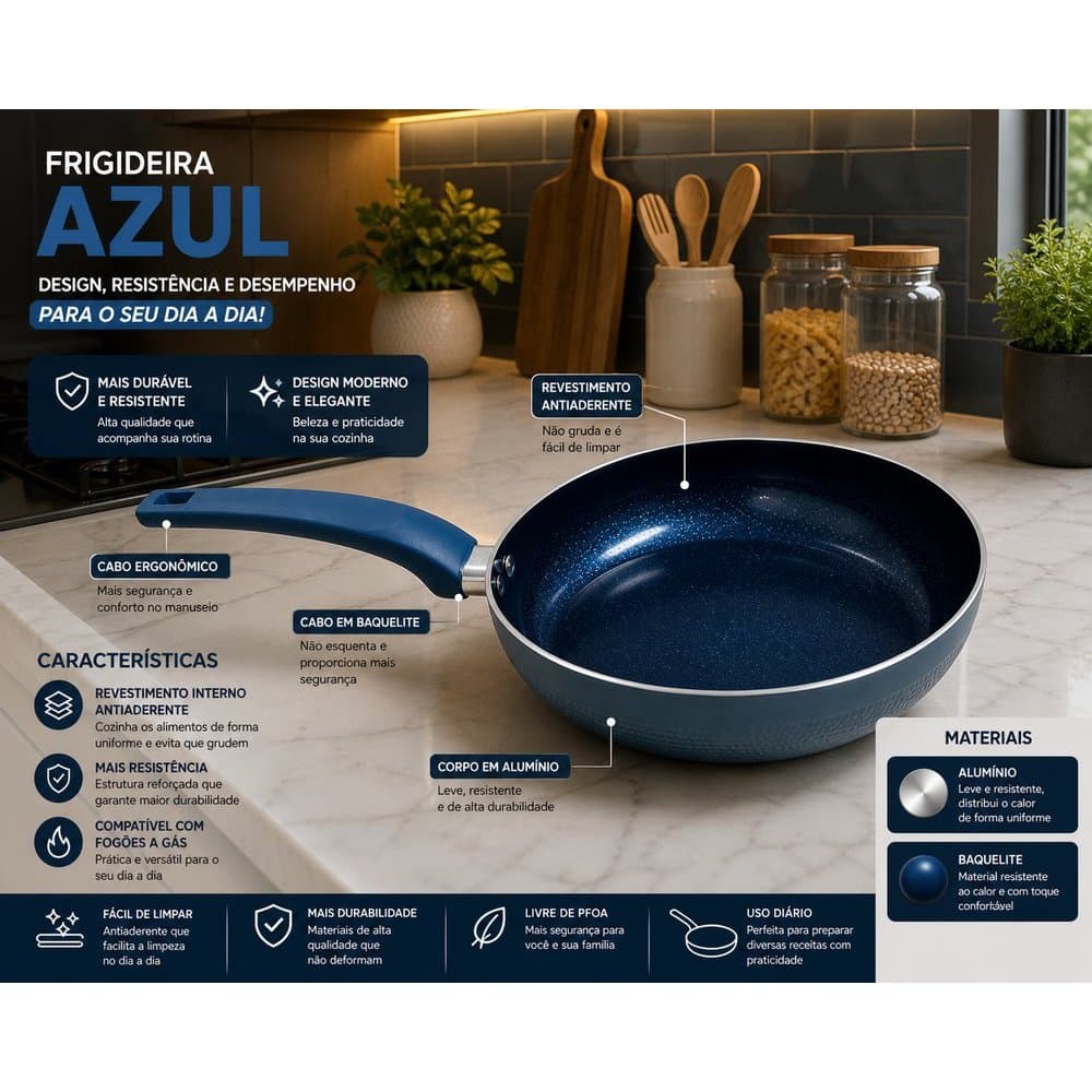 Frigideira Antiaderente Cerâmica 26cm Ideal para Fogões de Indução Gás Elétrico e Vitrocerâmico - Azul