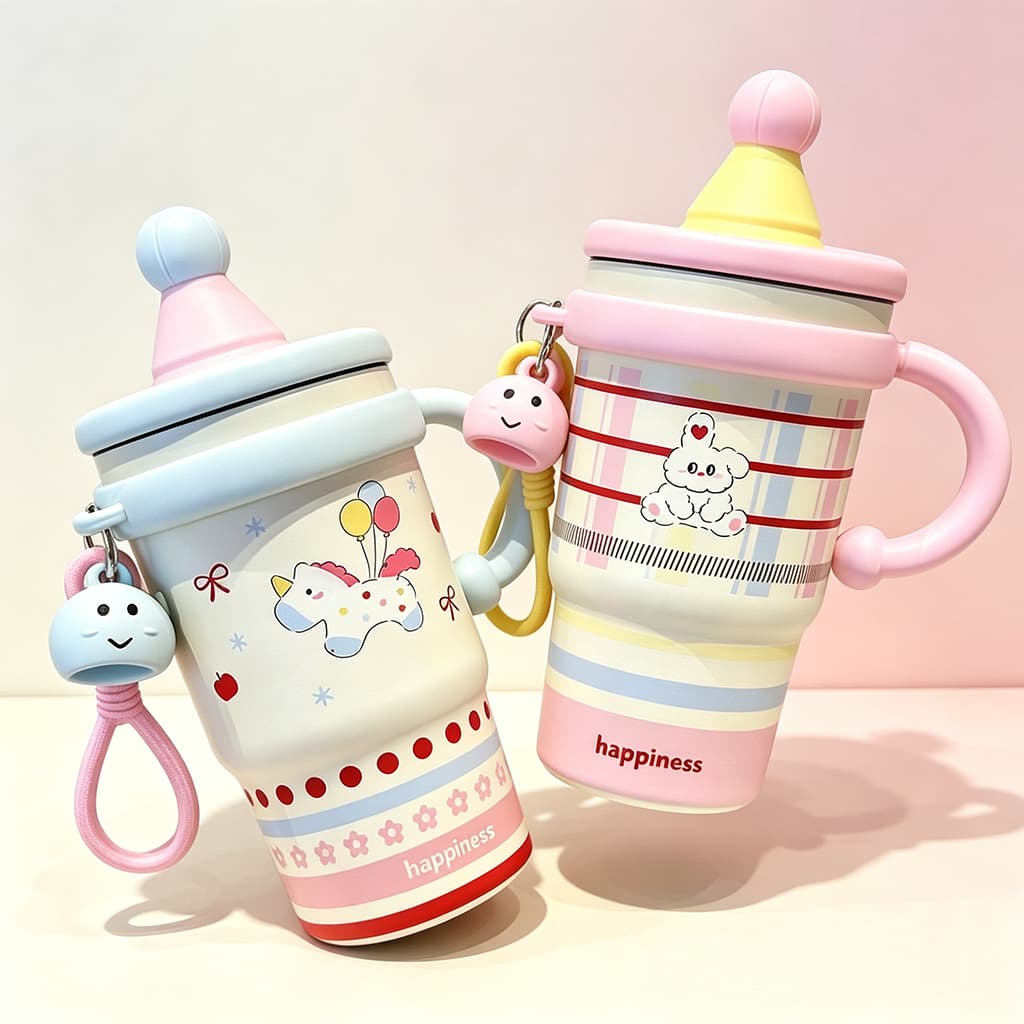 Garrafa Térmica Infantil 600ml Inox 316 com Alça e Tampa Dupla 2 em 1 Pingente Decorativo Super Qualidade