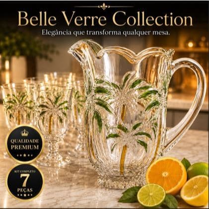Jogo de Jarra de Vidro 1500ml com 6 Taças de Vidro Transparente Decoradas Belle Verre Collection
