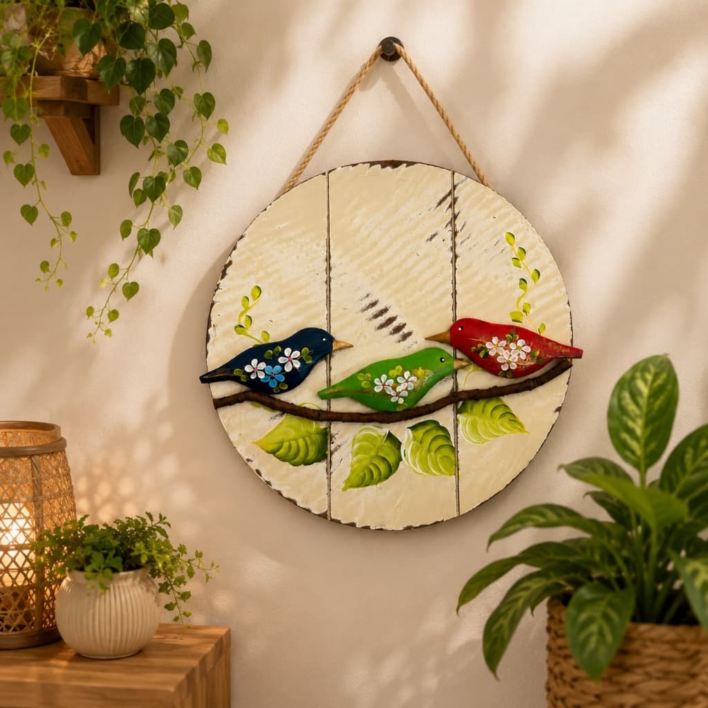 Quadro Decorativo De 3 Pássaros 33Cm Rustico Madeira Campo Decoração Lar