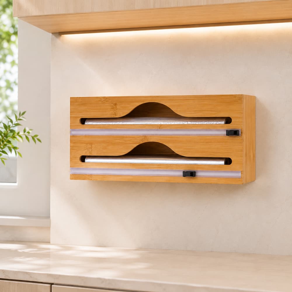 Porta Rolo Duplo Suporte Organizador Bambu Papel Alumínio Filme PVC Cortador