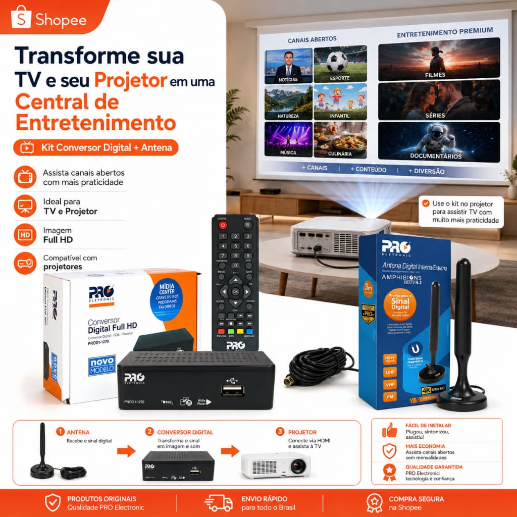Kit Conversor Digital Full HD + Antena 3m para TV e Smart com Controle Remoto – Canais Abertos