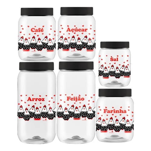 Kit C/ 6 Pote Hermético Decoração Galinha Açúcar Café Sal Farinha Arroz Feijao ou Mantimentos Tampa PretaPreto