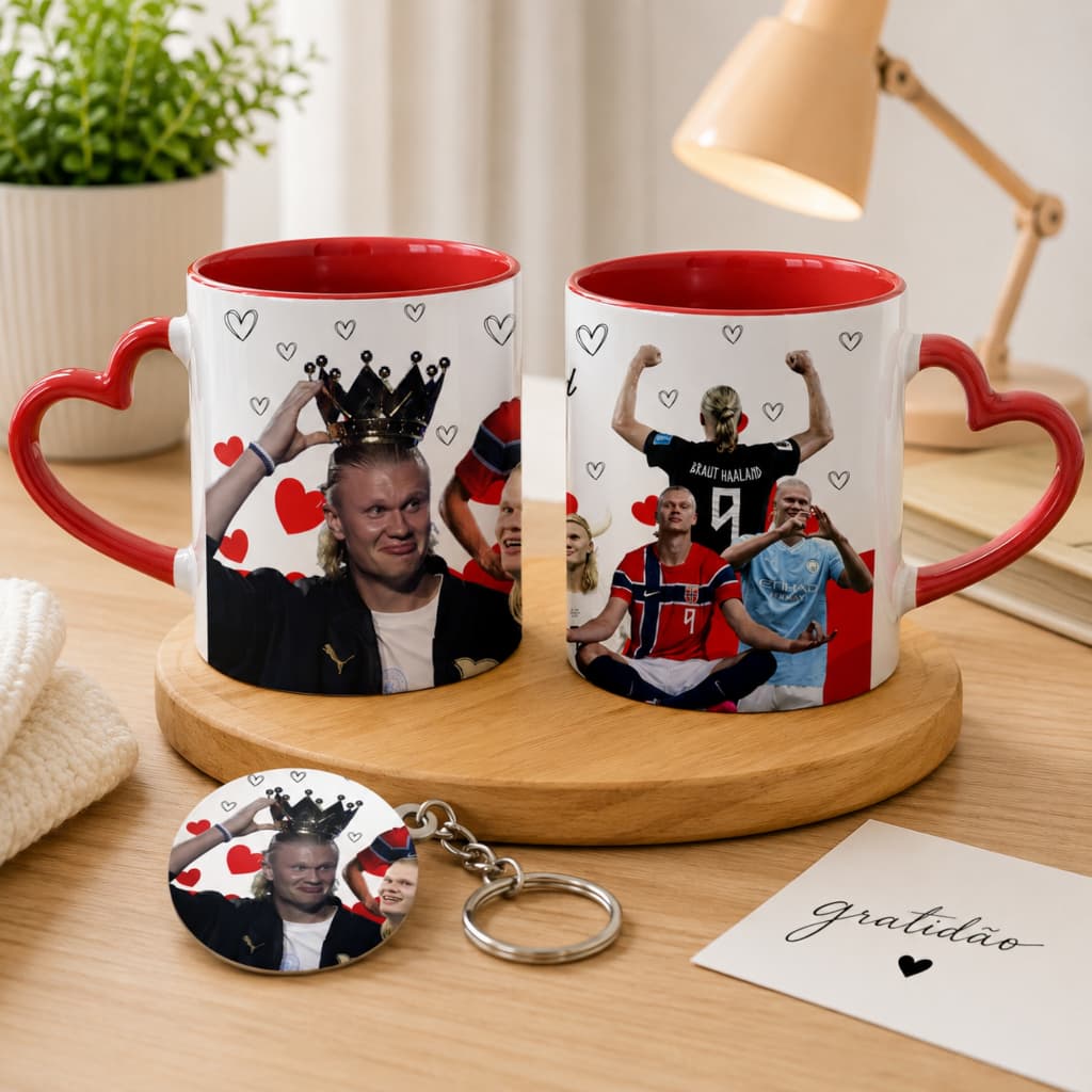 Kit Caneca de Porcelana Chaveiro MDF Haaland Personalizado | Presente para Fãs de Futebol