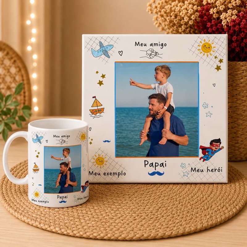 kit Personalizado Caneca Dia dos Pais| Caneca+Azulejo| Presente Criativo| Homenagem