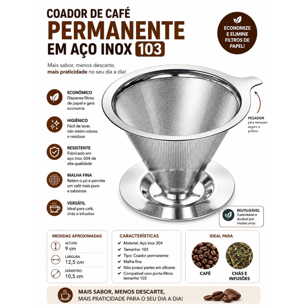 Coador de Café Inox Tamanho 103 Reutilizável Sem Filtro de Papel Malha Fina para Café e Chá