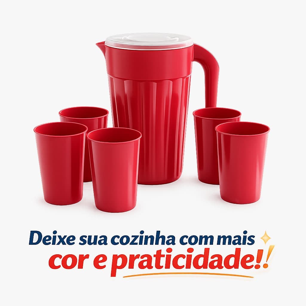 Kit Jarra 2L + 5 Copos Livre de BPA Ideal para Sucos e Água