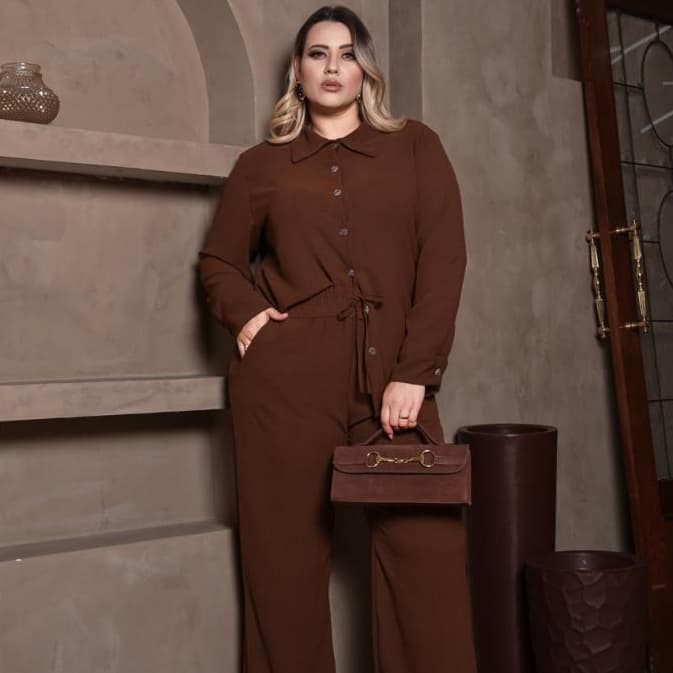 Conjunto de Frio Blusa Manga Longa Com Punho + Calça Pantalona Wide Leg Plus Size Casual  Com Botões