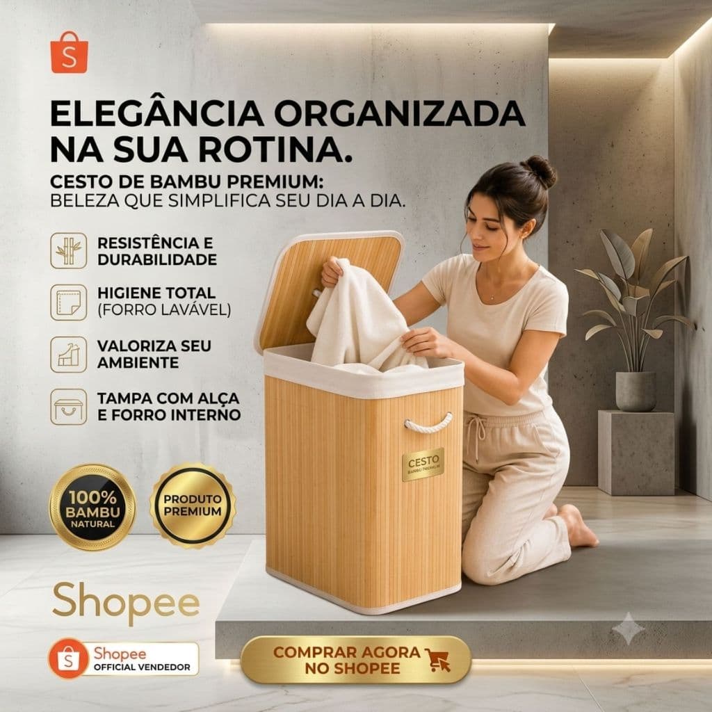 Cesto para Roupas de Bambu Forrado com Linho 70 Litros Organizador Lavanderia Grande Capacidade