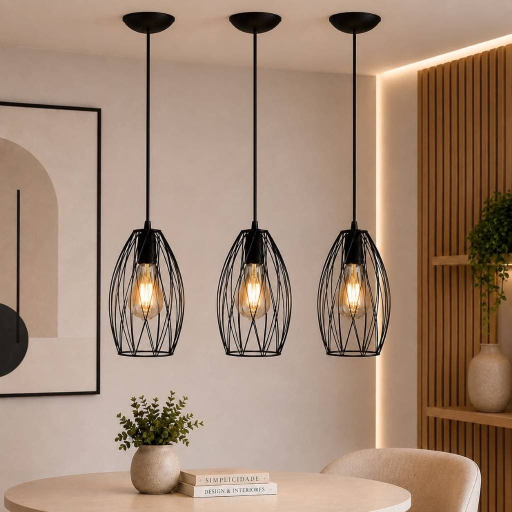 Kit com 3 Pendentes Aramados Pretos | Luminária Industrial E27 | Lustre Moderno para Cozinha, Bancada e Sala de Jantar