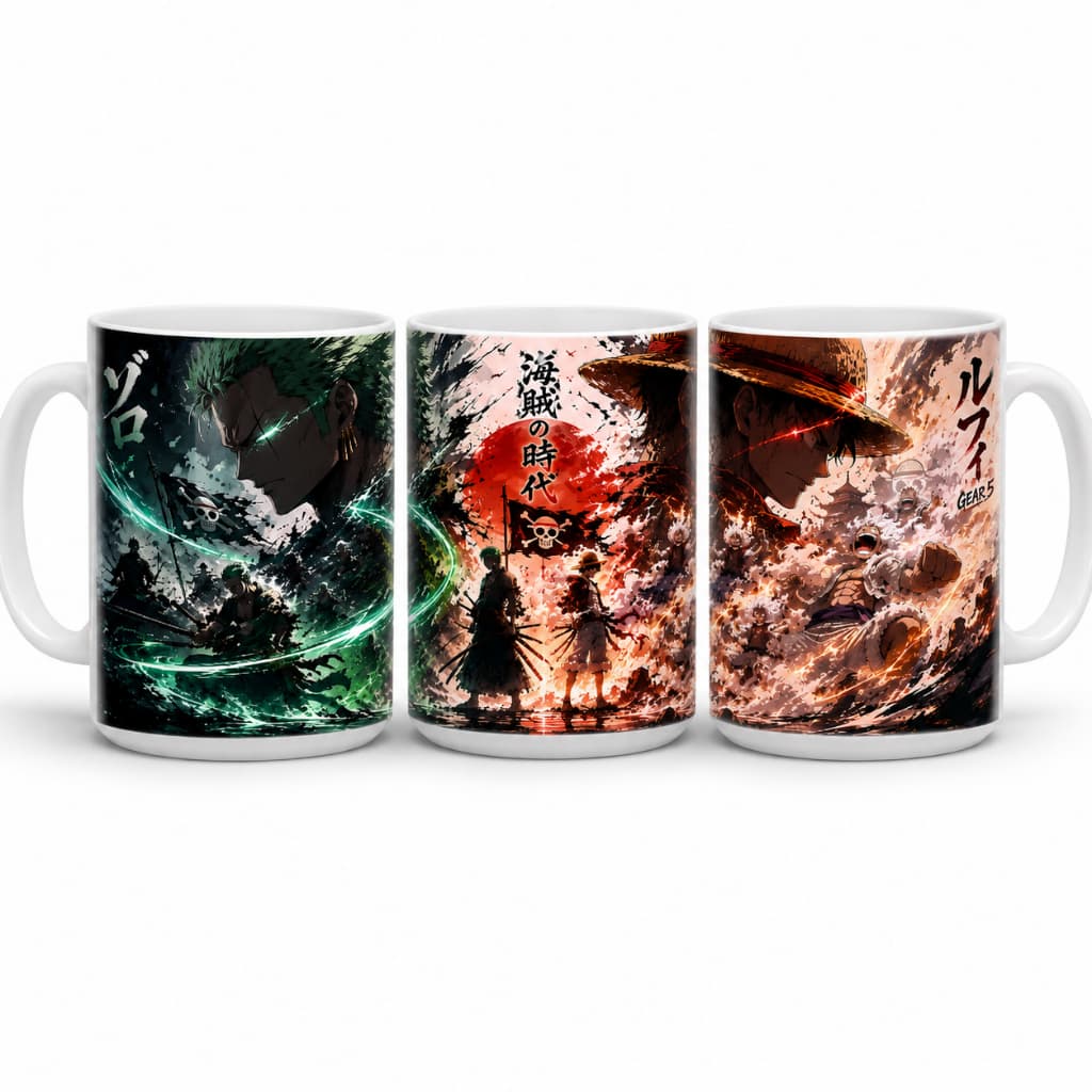 Caneca One Piece Luffy Gear 5 e Zoro Anime 325ml Cerâmica Personalizada Presente Geek Otaku Full Art
