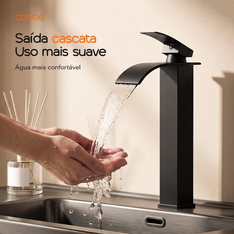 Torneira de Banheiro Cascata Monocomando Quente e Fria Preto Fosco Aço Inox Gourmet Bica Alta Heemli