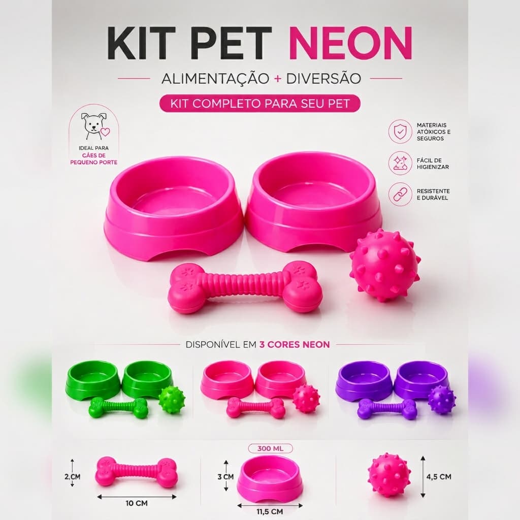 Kit Enxoval para Cachorro Pequeno e Médio Porte Comedouro Bebedouro com Brinquedos Pet Neon Filhote