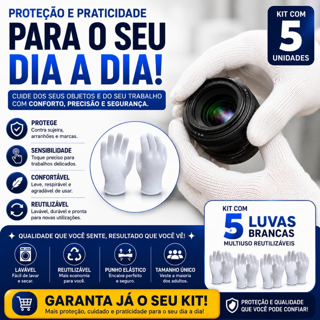 Luva Branca de Tecido Reutilizável para Manuseio de Joias Coleções Objetos Delicados Multiuso