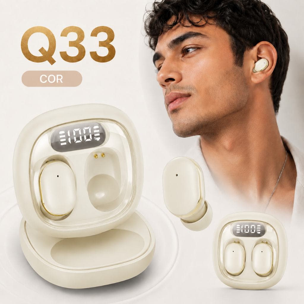Fone Bluetooth Q33 Sem Fio, Compacto, Som com Graves, Visor de Bateria e Estojo Transparente