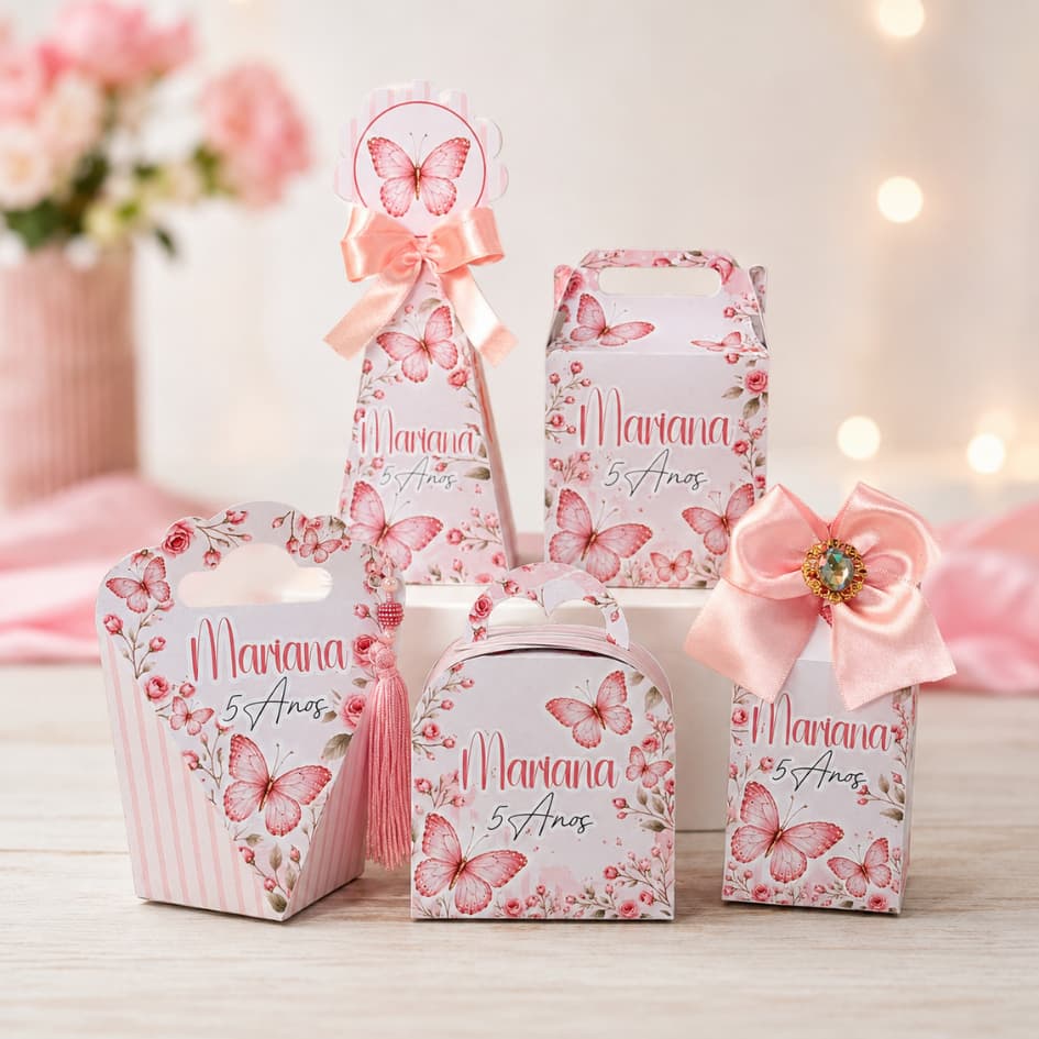 Caixinhas Personalizadas borboletas rosa para lembrancinha de aniversário com nome e idade