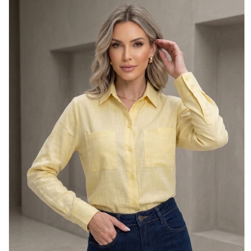 Camisa Social Feminina Manga Longa Com Bolsos Cores do Verão Tendencia AF