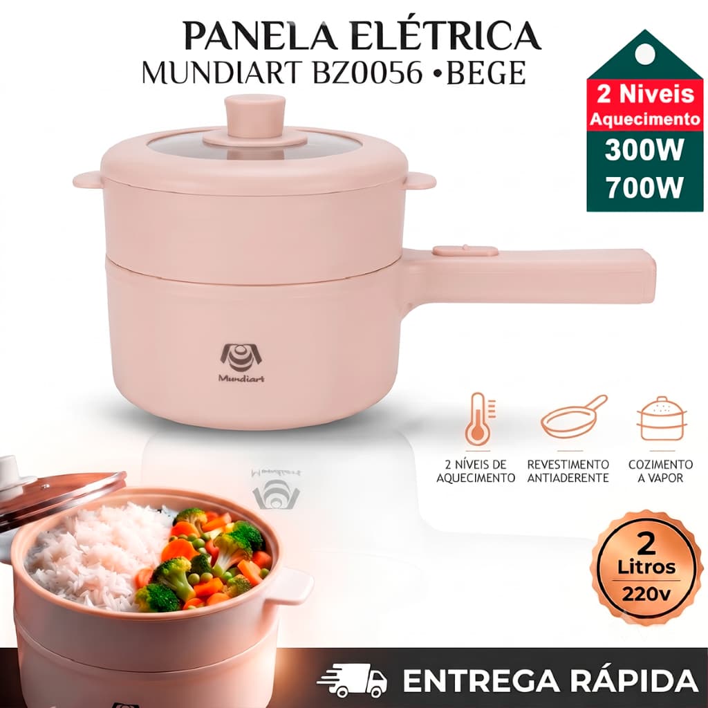 Panela Elétrica Multifuncional Antiaderente 2L Cozimento a Vapor 220V Revestimento Ceramico Cor Bege