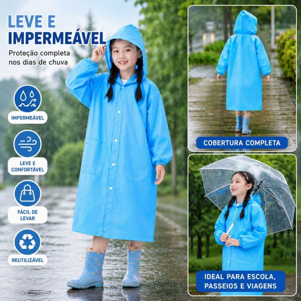 Capa de Chuva Infantil PEVA EVA PVC Impermeável com Capuz Reutilizável para Crianças