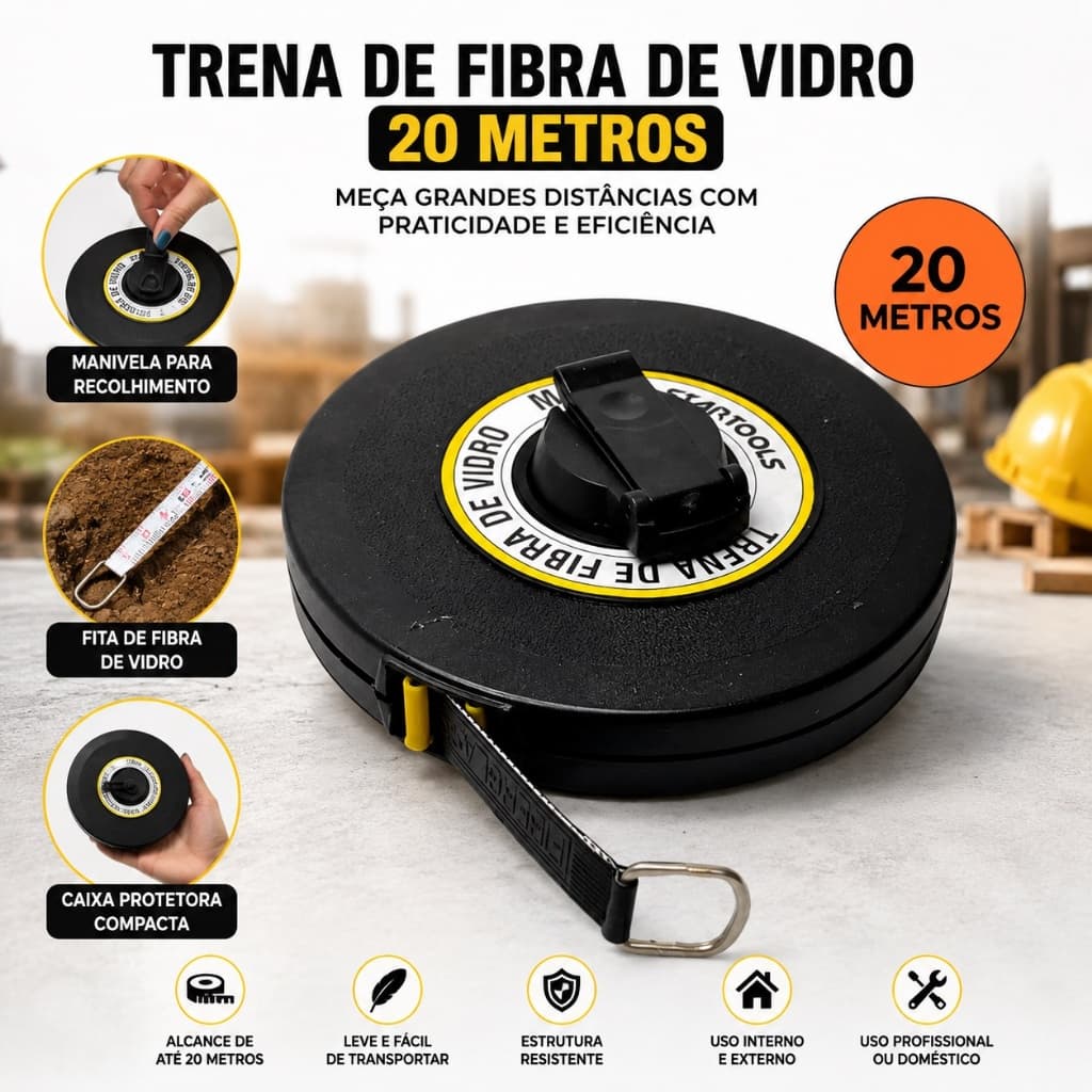 Trena Fibra de Vidro 20 Metros Fita Métrica Longa Profissional para Obra com Manivela