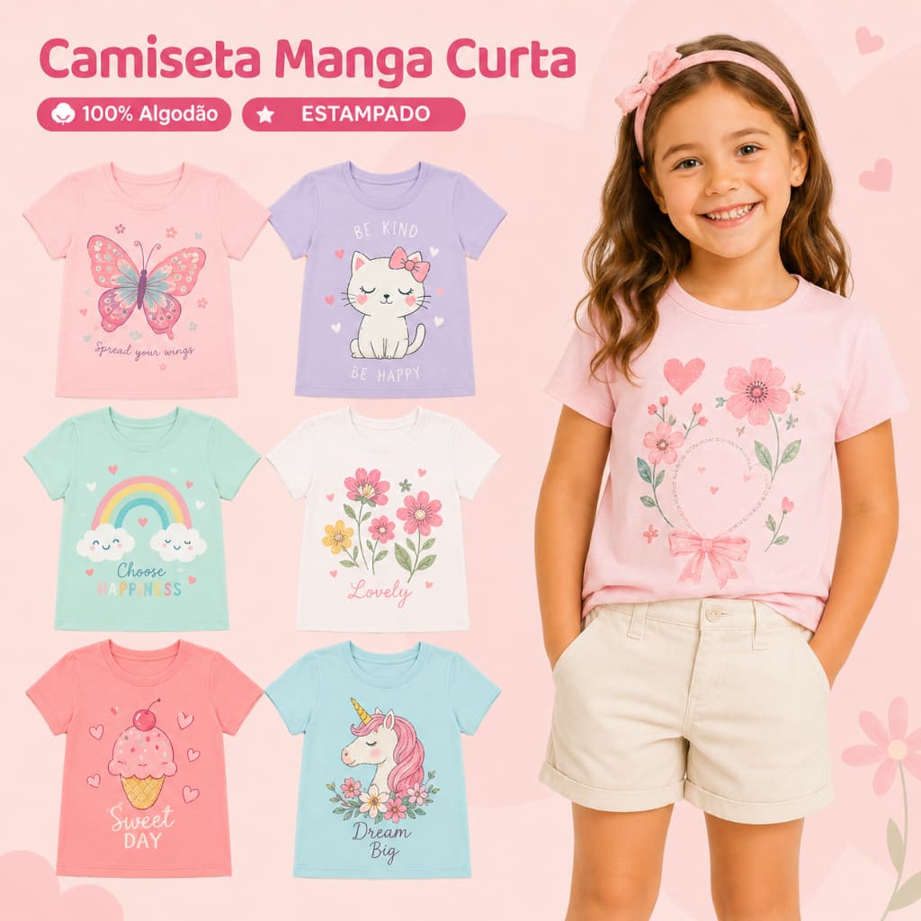 Kit 3 Camisetas Infantil Menina Manga Curta 100% Algodão Estampadas Tamanhos 4 6 8