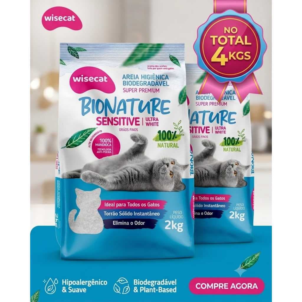 Kit 2 Areia para Gato Higiênica Biodegrádavel 100% Mandioca WiseCat Bionature Sensitive 2kgs Grãos Finos Elmina Odor
