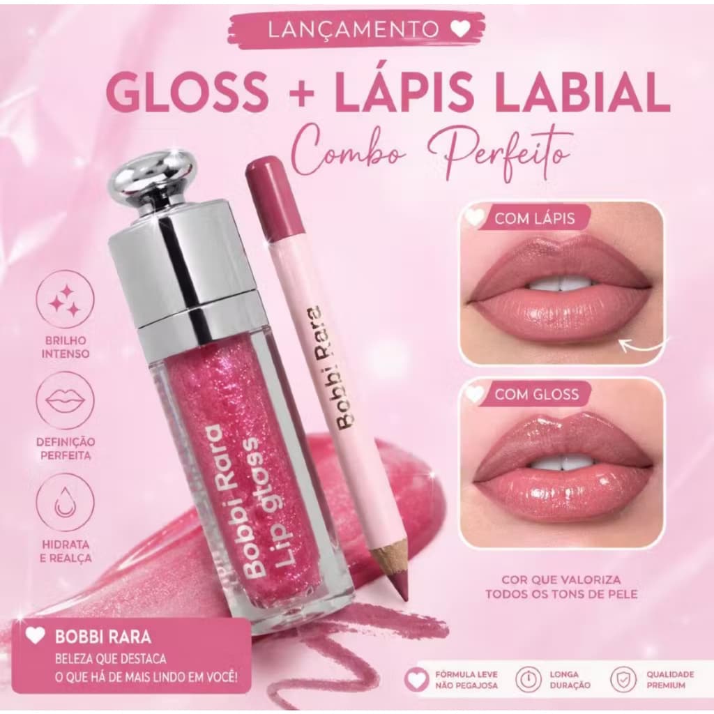 Kit Gloss + Lápis Labial Alto Brilho, Alta Pigmentação, Alta Definição e Longa Duração