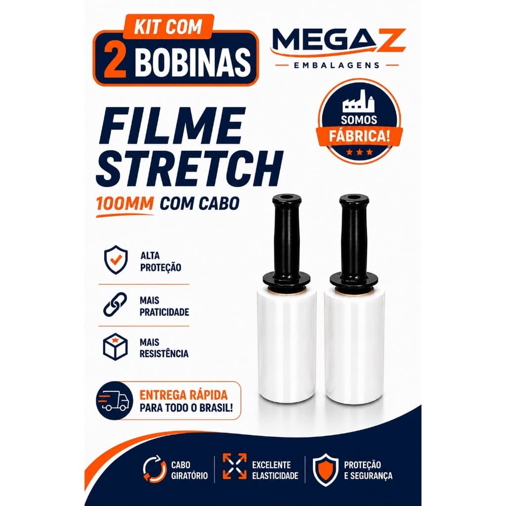 2 Rolos Filme Stretch C/ Cabo Aplicador (10cm) 100 Metros cada bobina - Ecommerce/Marcenaria/Móveis
