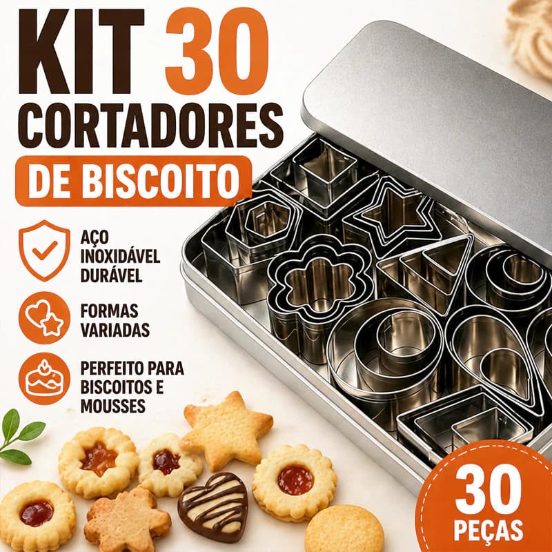 Kit 30 Cortadores de Biscoito Aço Inoxidável Formas Variadas com Anéis de Mousse Durável Profissional