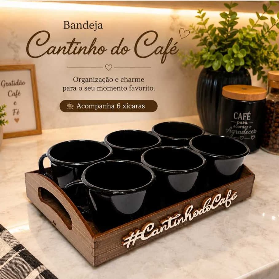 Kit 6 xicaras Acrílica e Bandeja Marrom cantinho do café