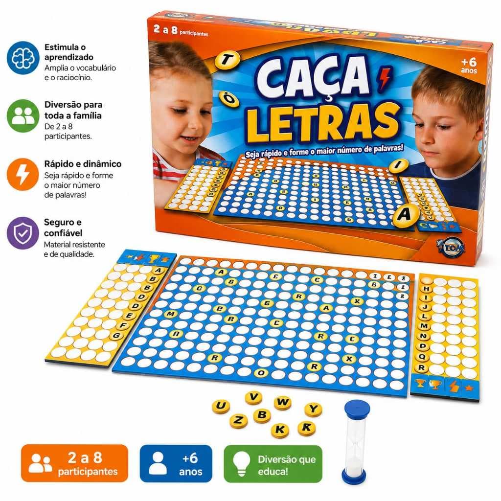 Jogo Caça Letras Educativo Infantil Tabuleiro 2 a 8 Jogadores +6 Anos