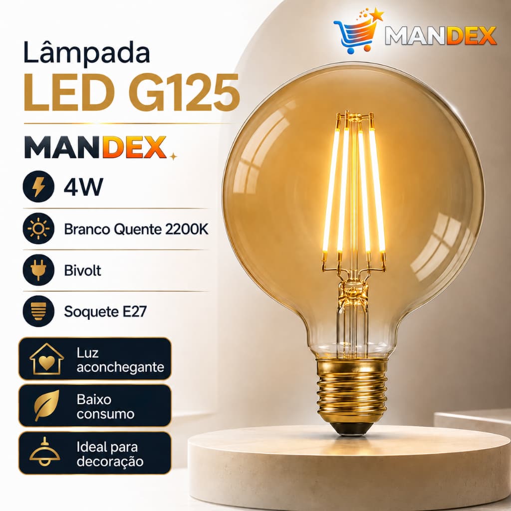 Lâmpada LED G125 4W E27 Bivolt 2200K Branco Quente Globo Decorativa Vintage Pendente Lustre Abajur Iluminação ambiente