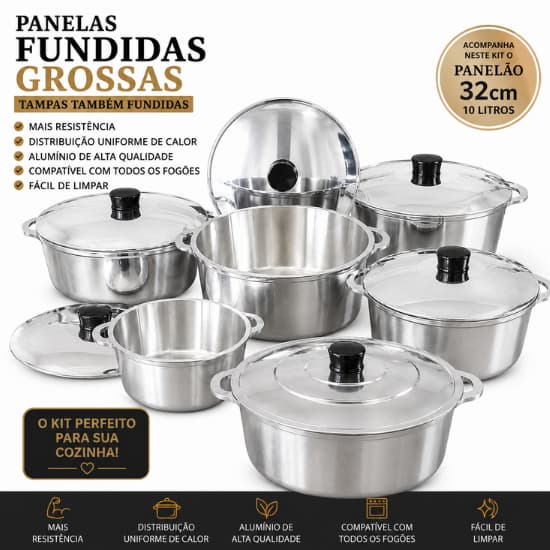 Kit Panelas Alumínio Fundido Grosso Premium 5 Peças + Panelão 32cm 10L Tampas Fundidas Super Resistentes