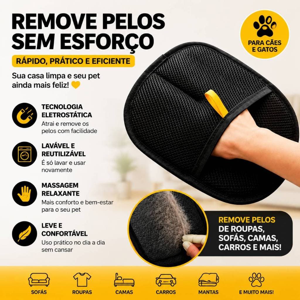 Luva Tira Pelos Eletrostática Mágica Reutilizável Sofá Roupa Fiapos Pets Cães Gatos Lavável